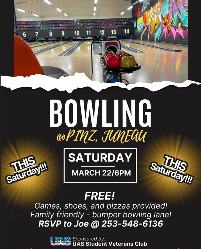 flyer for bowling event sponsored by UAS Student Veterans Club